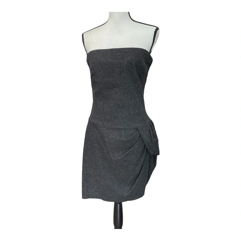 2b. Rych Womens Dress Tulip Sheath Black Tweed Wool Strapless Ruched Mini 10 - Picture 1 of 13